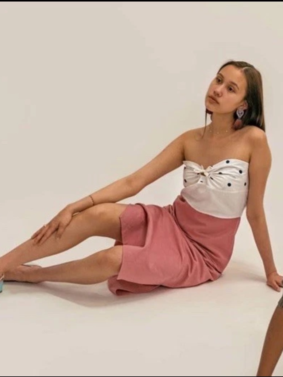 Ajaie Alaie Pink Polka Dots Cotton Linen Strapless Dress